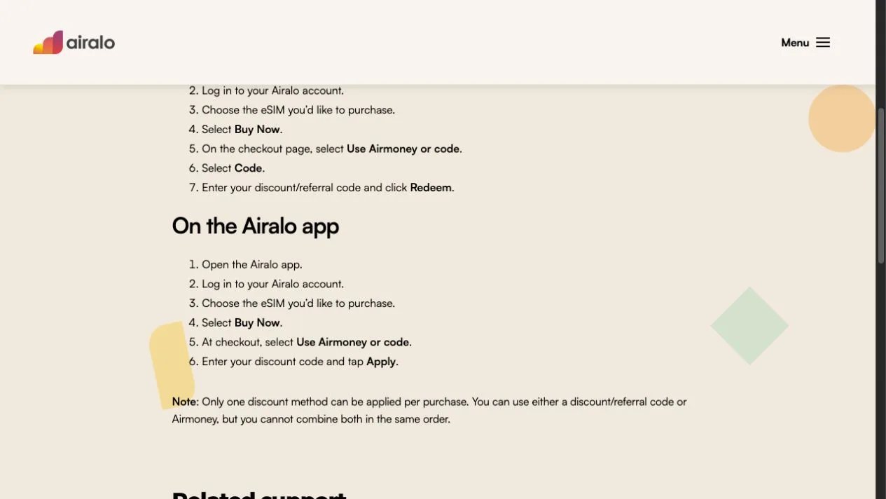 Airalo Help Center explaining where to enter a discount or referral code on the website and app