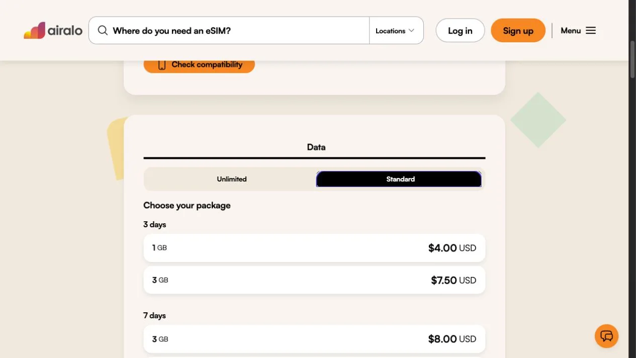 Airalo’s real package picker showing the Standard data tab and different data and duration choices