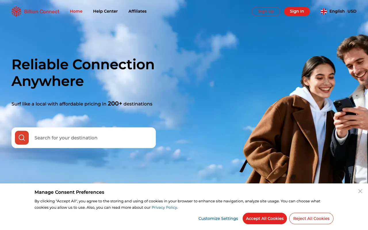 Billion Connect destination catalogue with local and regional package options