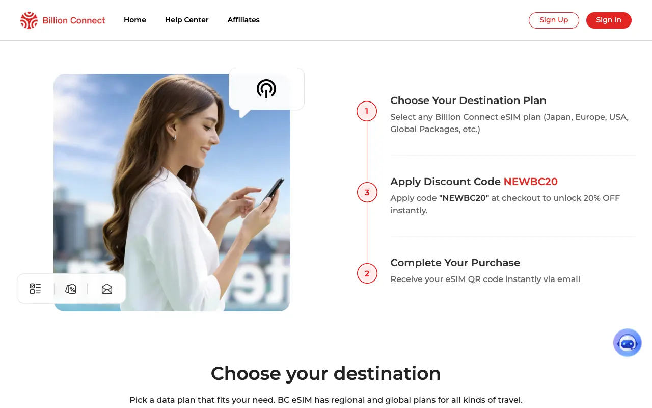 Billion Connect official guide showing how a discount code is applied before purchase