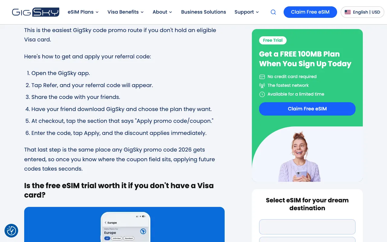 GigSky official guide explaining the Apply promo code or coupon field