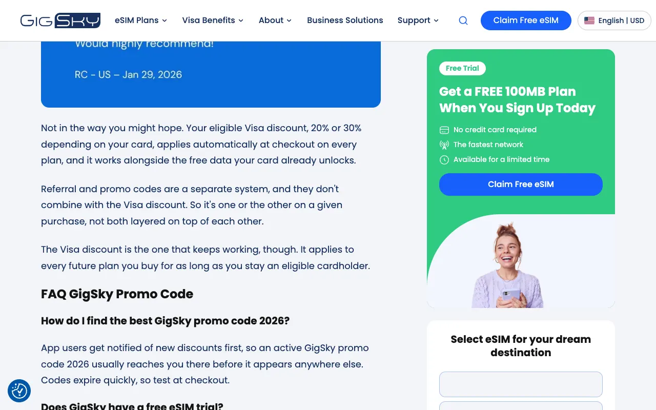 GigSky official guidance about combining referral codes and Visa discounts