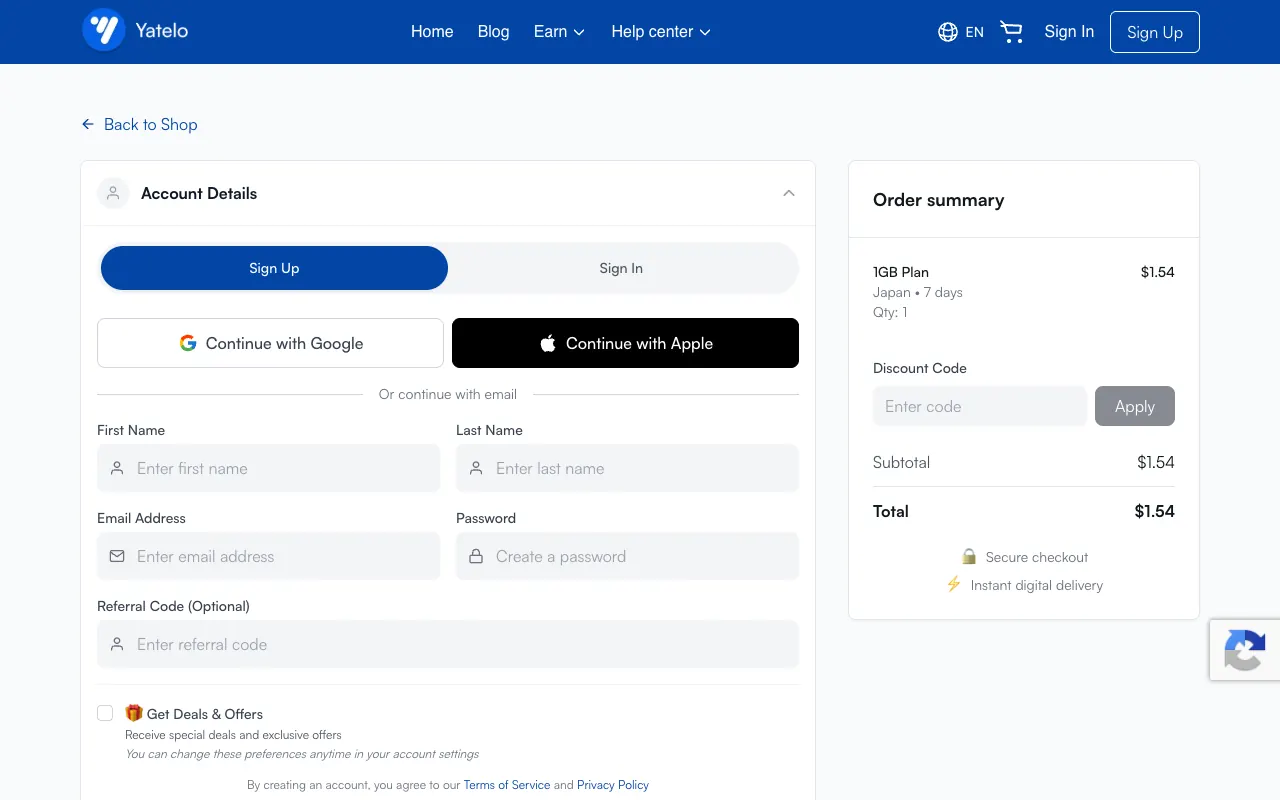 Yatelo checkout with the Discount Code field in the order summary, separate from the sign-up referral field