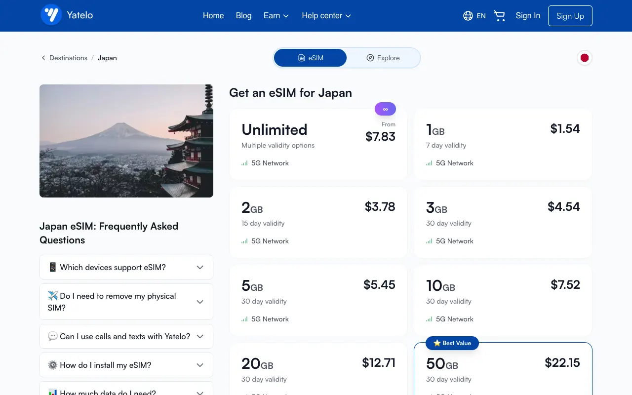 Yatelo Japan destination page showing package choices and validity