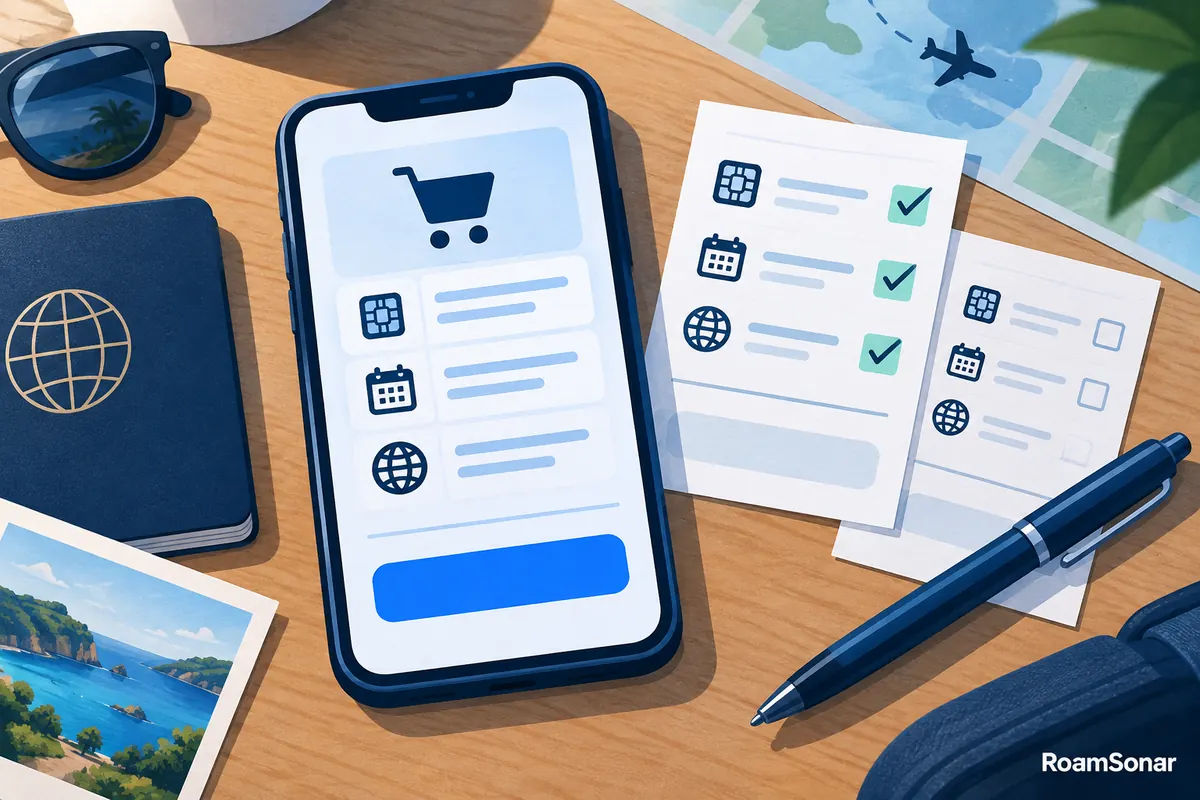 Phone checkout illustration beside two order checklists and a pen.