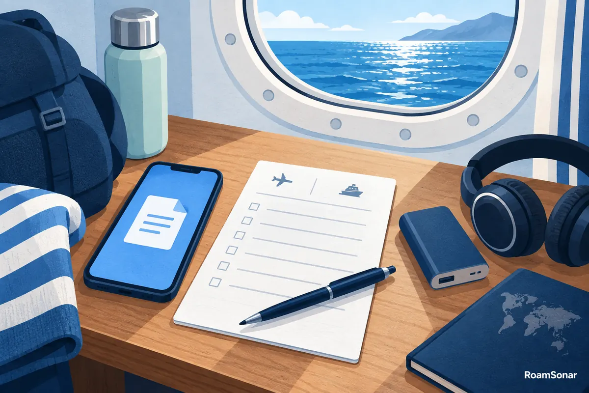 Phone, itinerary, headphones and power bank in a ship cabin.