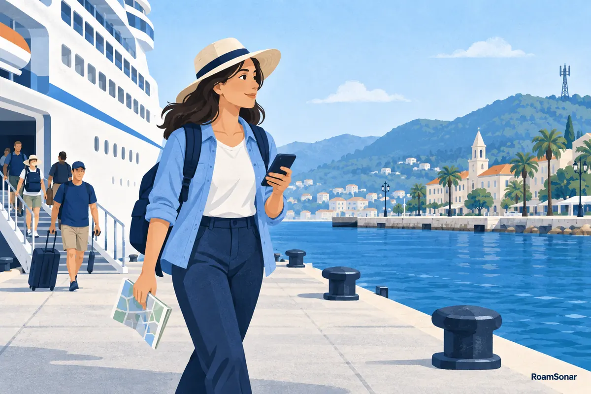Traveller leaving a cruise ship for a port visit with a phone and map.
