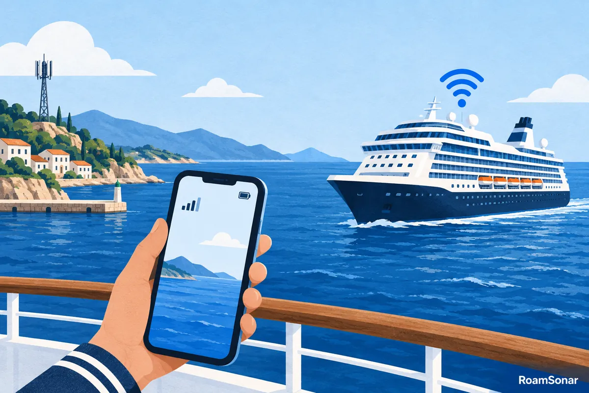Cruise ship, port-side mobile tower and phone illustrating separate land and onboard connectivity.