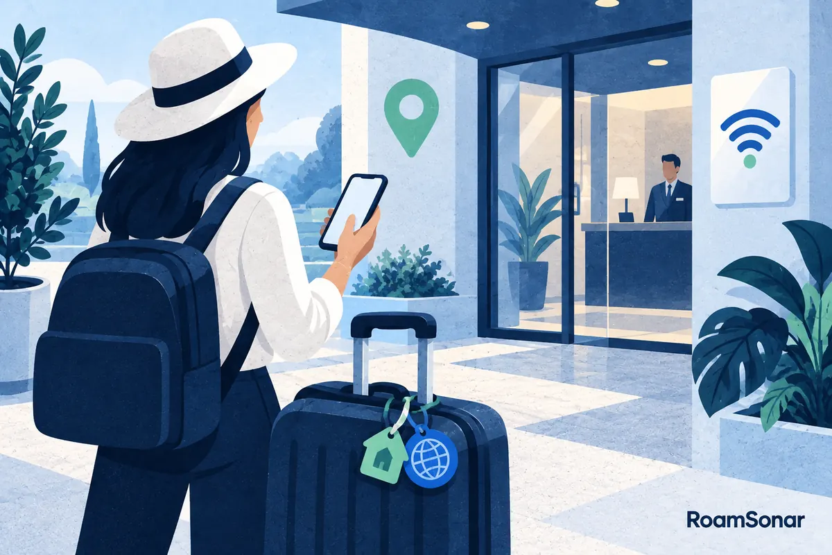 Traveller checking a phone beside luggage in a hotel lobby with a Wi-Fi symbol.