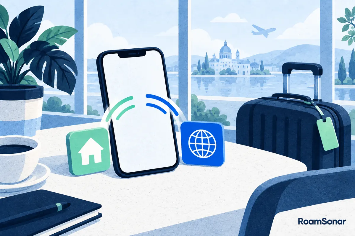 Phone with separate home and globe symbols on a travel cafe table.