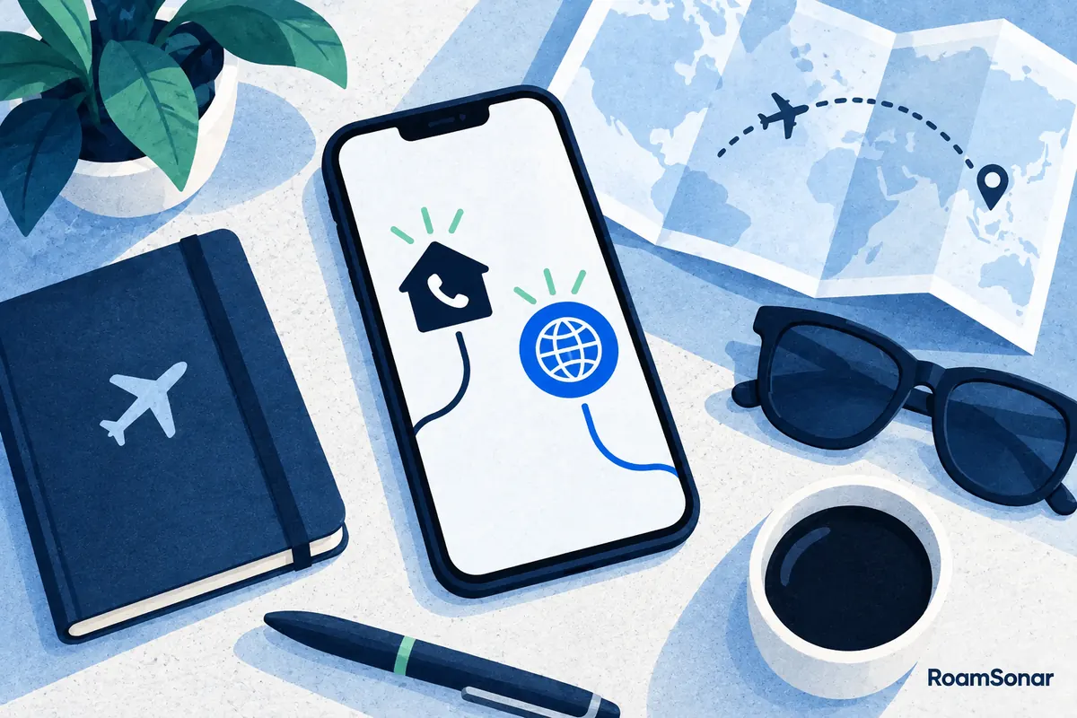 One phone beside distinct home-call and travel-data symbols, with a blank map and notebook.
