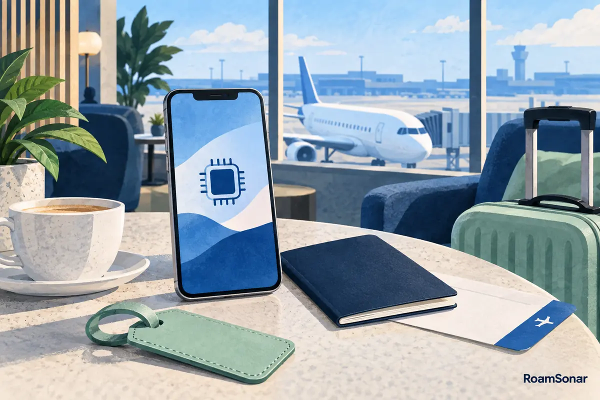 Illustration of a phone with an eSIM symbol beside luggage in an airport lounge