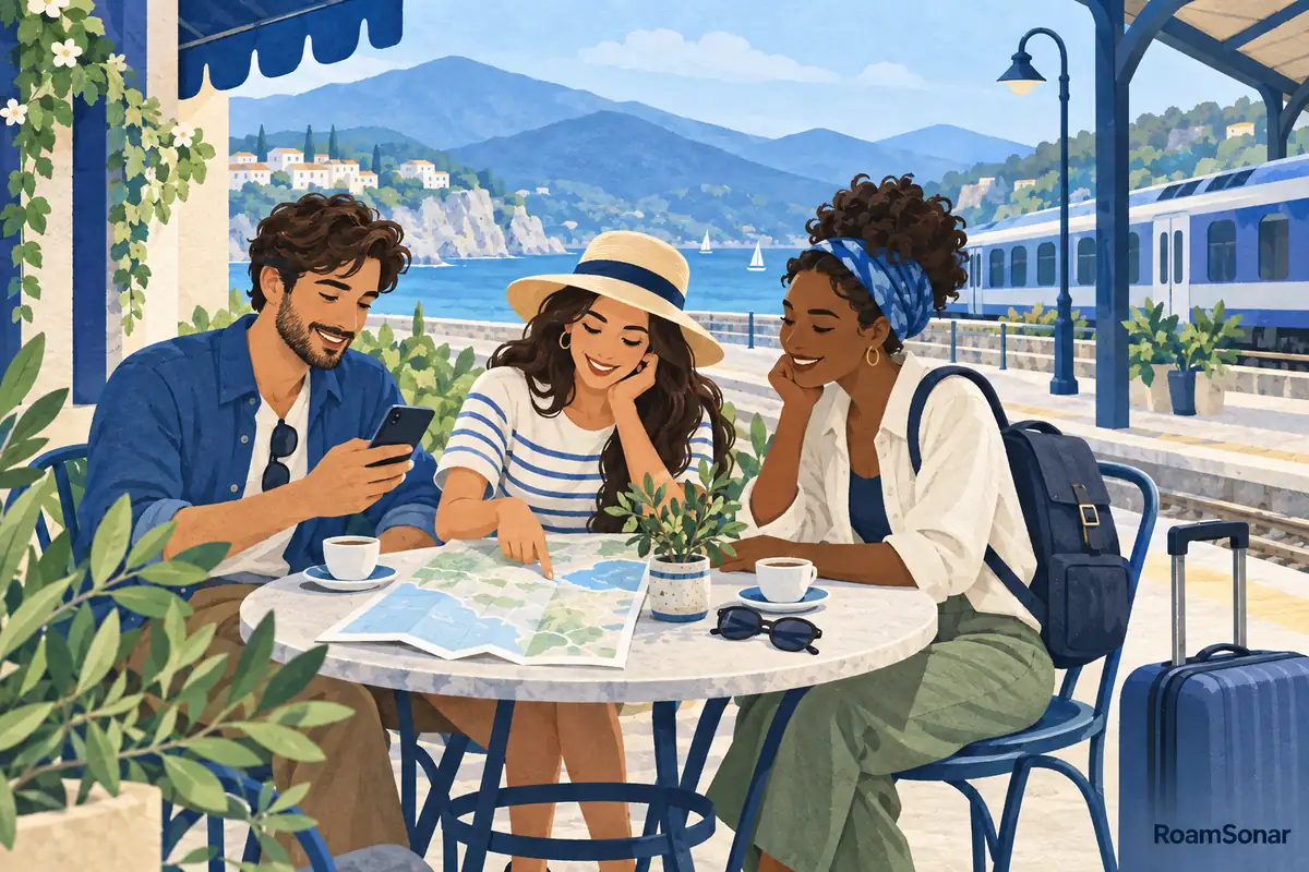 Illustration of three travellers planning their route with a phone and paper map at a coastal cafe