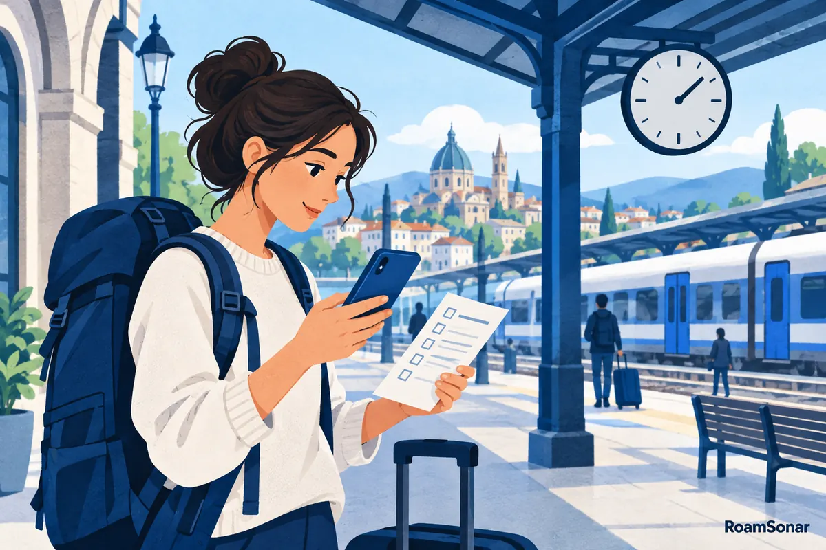 Traveller checking a phone and paper checklist at a railway station.