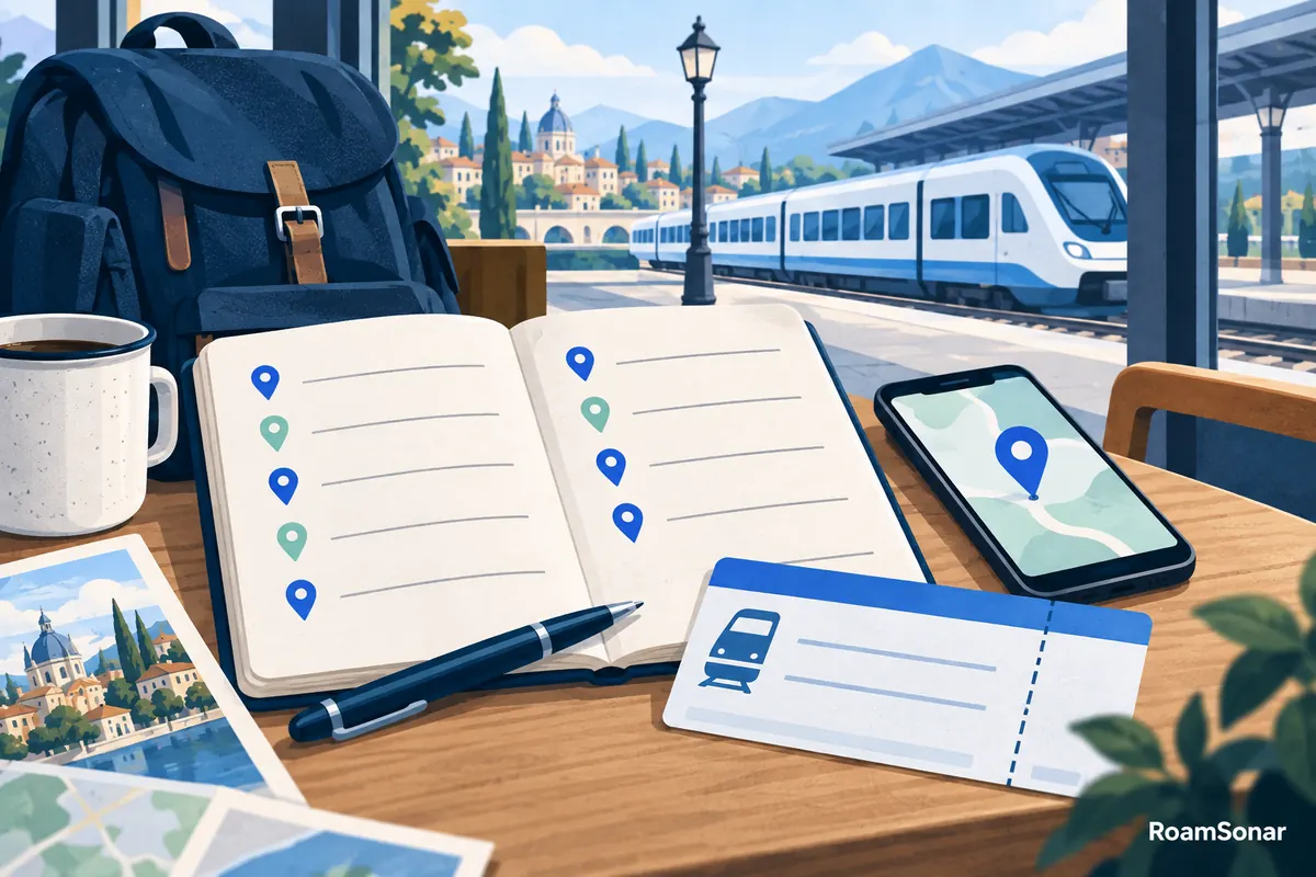 Rail itinerary, phone and tickets on a table beside a European train.