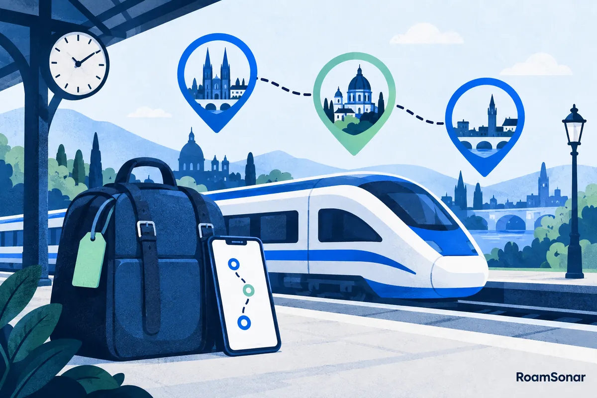 Train, suitcase and travel phone with abstract destination pins for a multi-stop European trip.