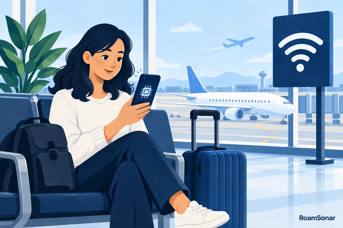 Traveller preparing a phone on Wi-Fi in an airport terminal.