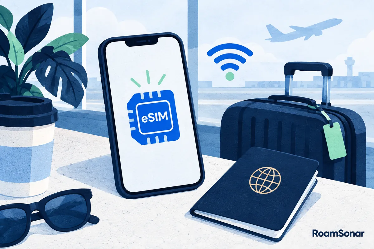 Travel phone, Wi-Fi symbol and suitcase illustrating eSIM preparation before departure.