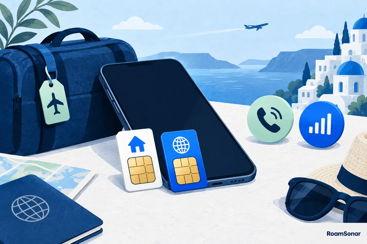 Phone with separate home and travel SIM symbols beside a suitcase.