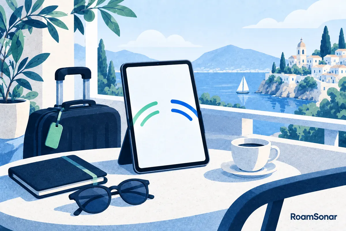 Tablet with abstract connection symbols on a coastal terrace beside luggage, a notebook and sunglasses.