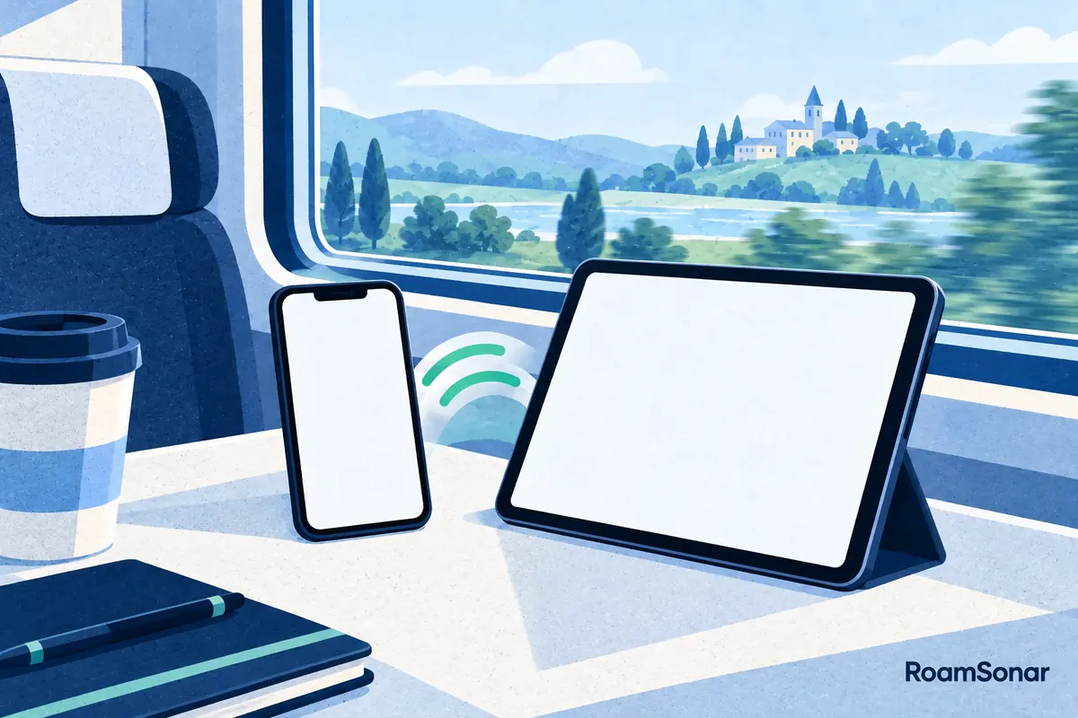 Phone and tablet on a train table with mint wireless arcs between them.