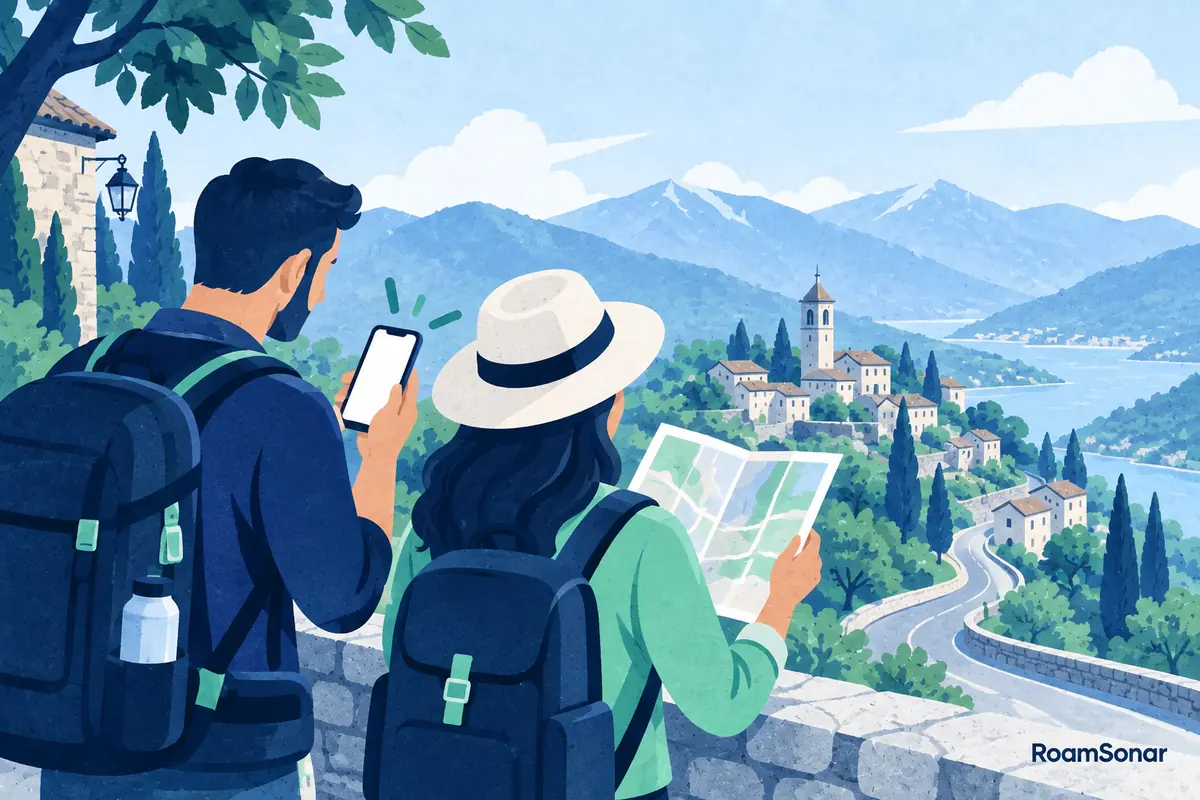 Two travellers stopped above a mountain village, checking a phone and folded paper map.