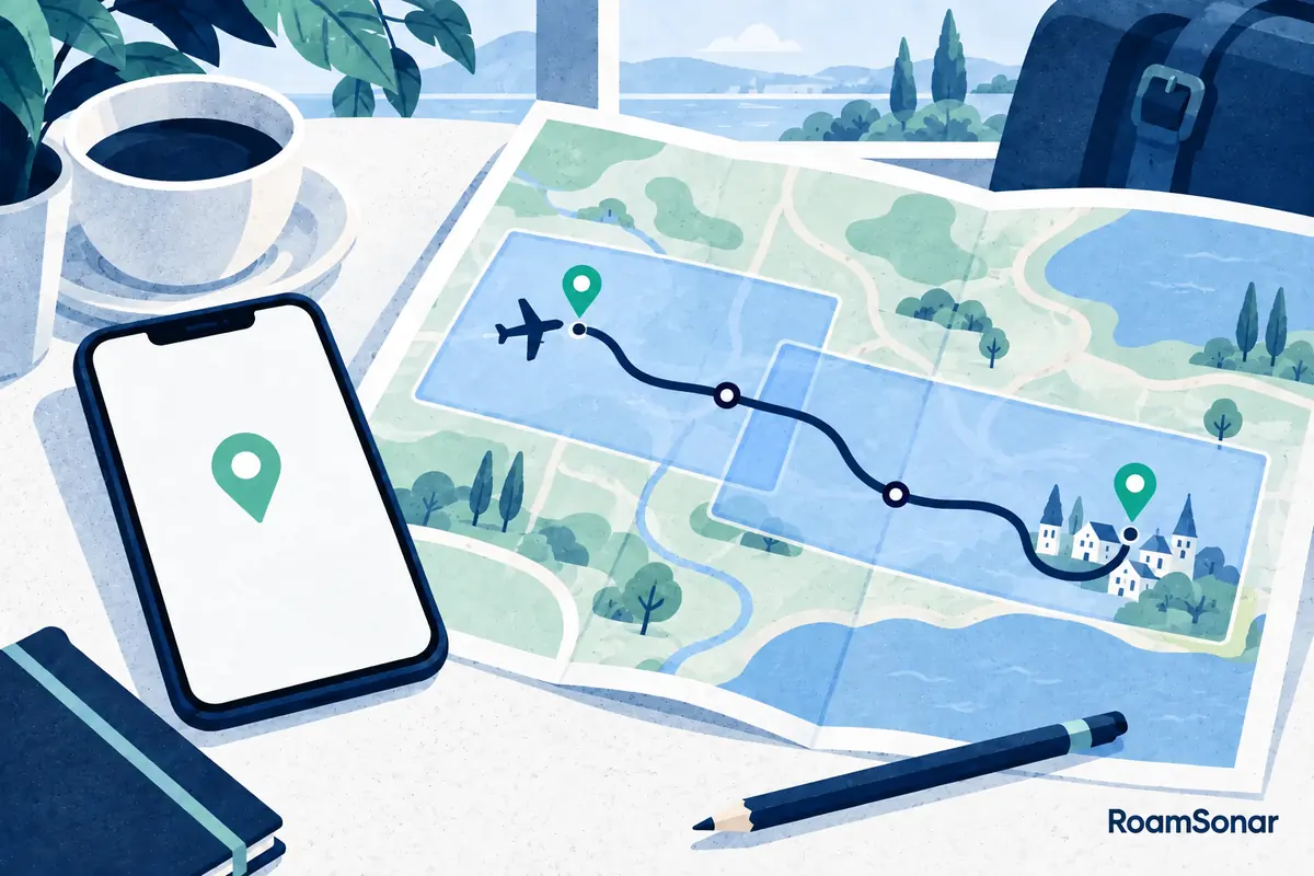 Conceptual downloaded areas overlapping across a road route from an airport to a town.