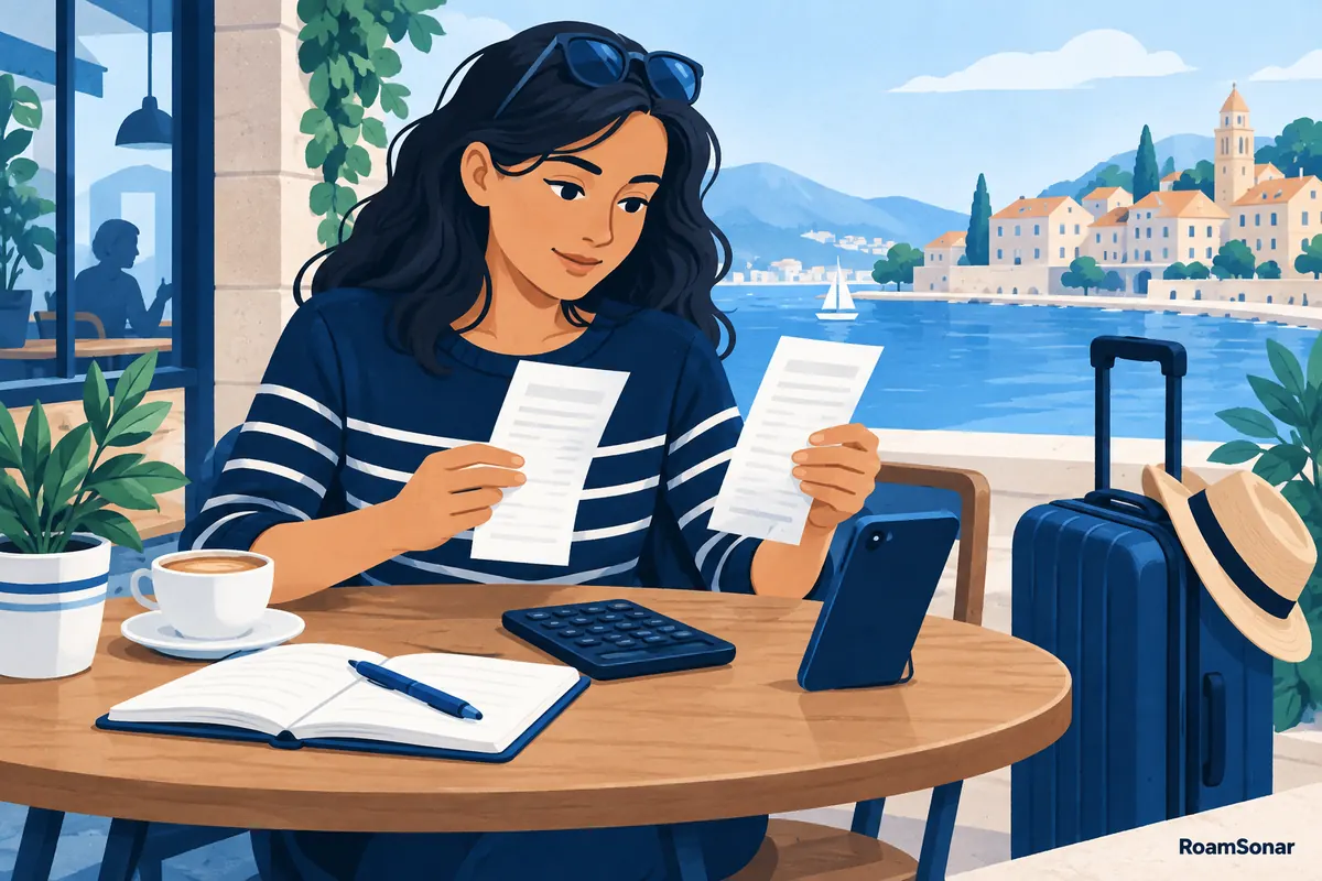 Traveller comparing receipts with a calculator and phone at a cafe.
