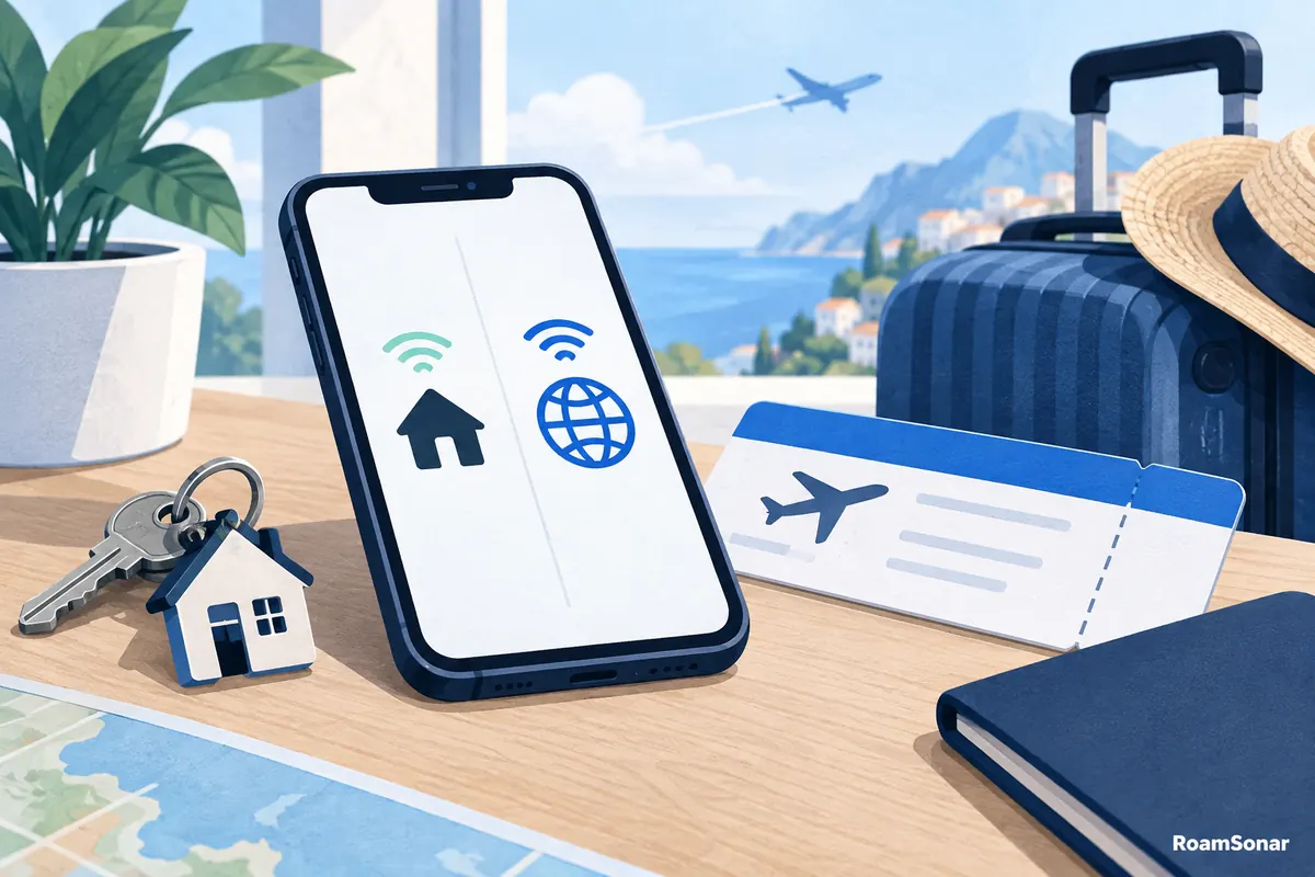Phone with home and travel symbols next to a house key and travel ticket.