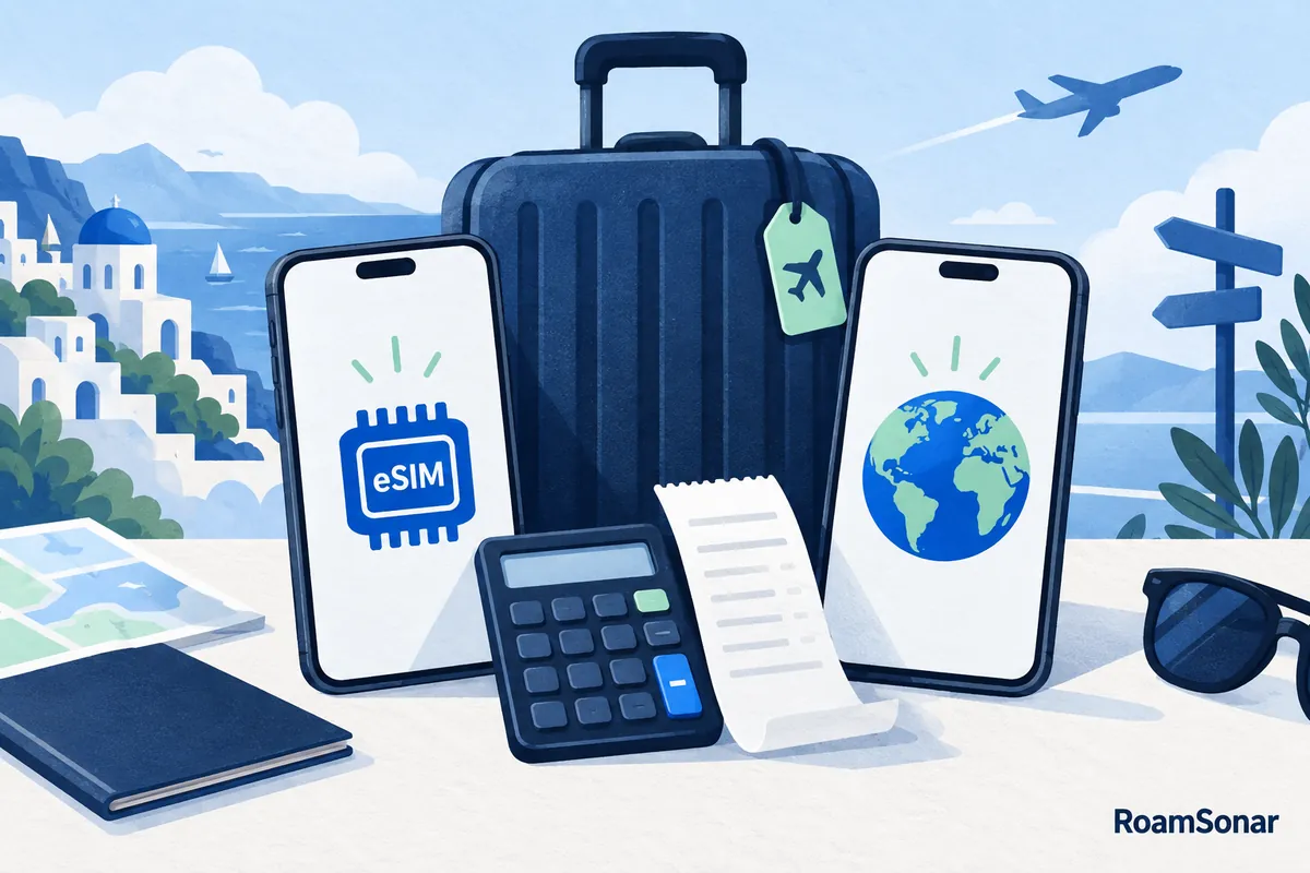 Two travel phones, a calculator and receipt illustrating a comparison of eSIM and roaming costs.