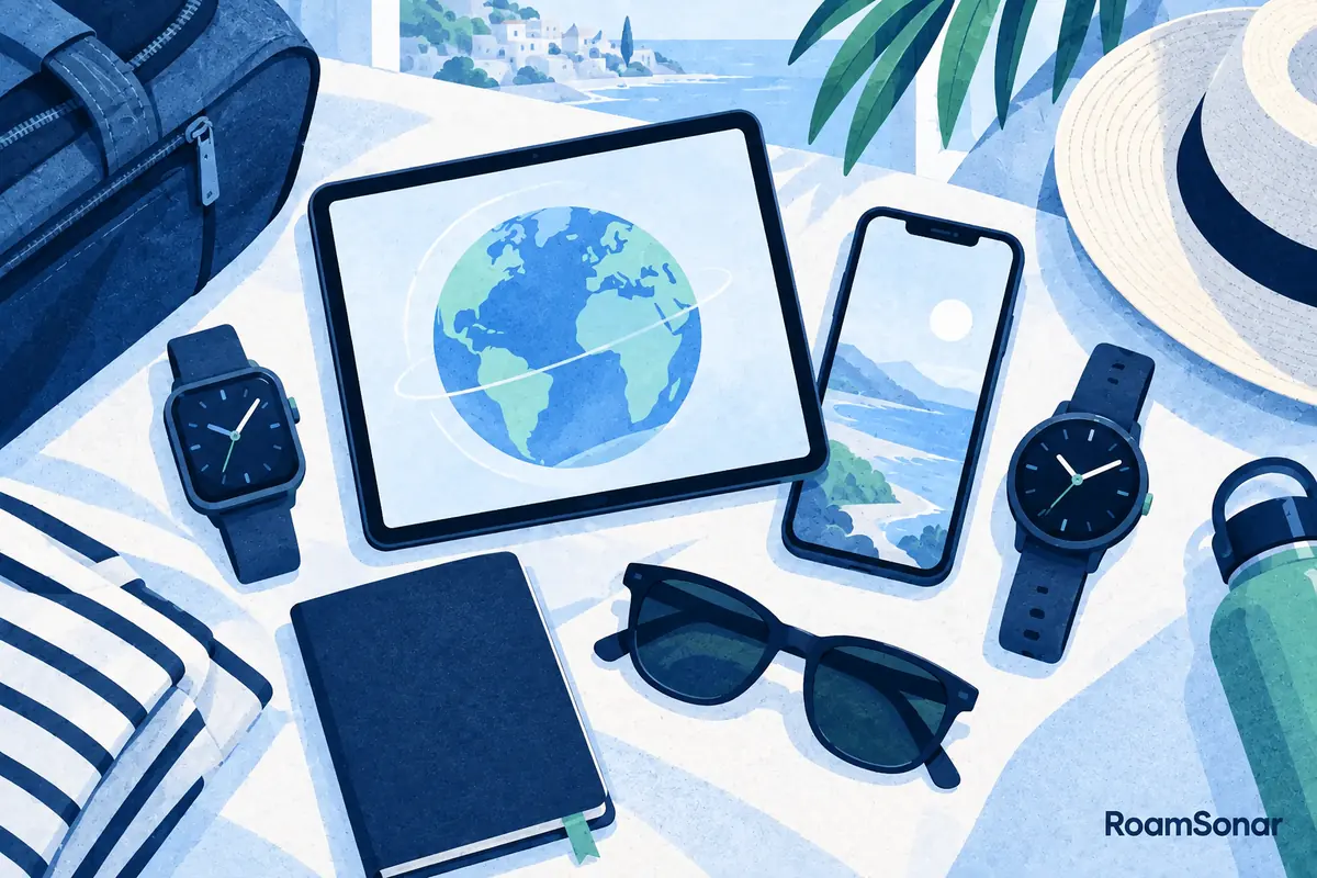 Tablet, phone, square watch and round watch laid out with travel accessories.