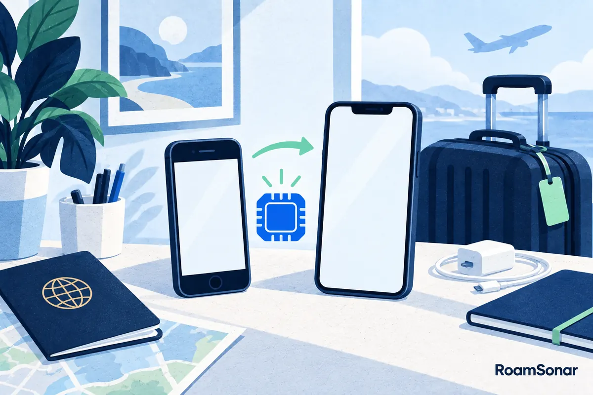 Two phones beside a digital SIM symbol and a directional arrow on a travel desk.