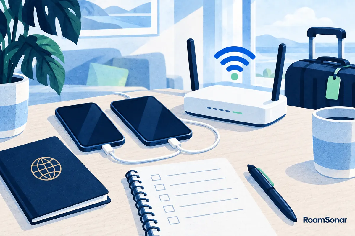 Two charging phones beside a Wi-Fi router, blank checklist and closed passport.