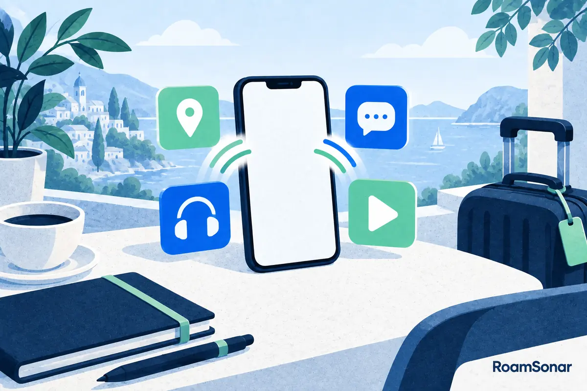 Phone surrounded by equally sized map, messaging, music and video symbols.
