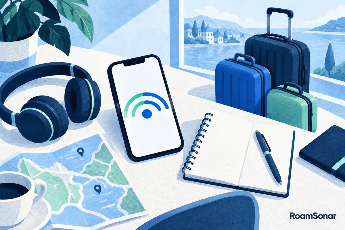 Travel-planning desk with a smartphone, blank itinerary, headphones and three differently sized luggage cases.