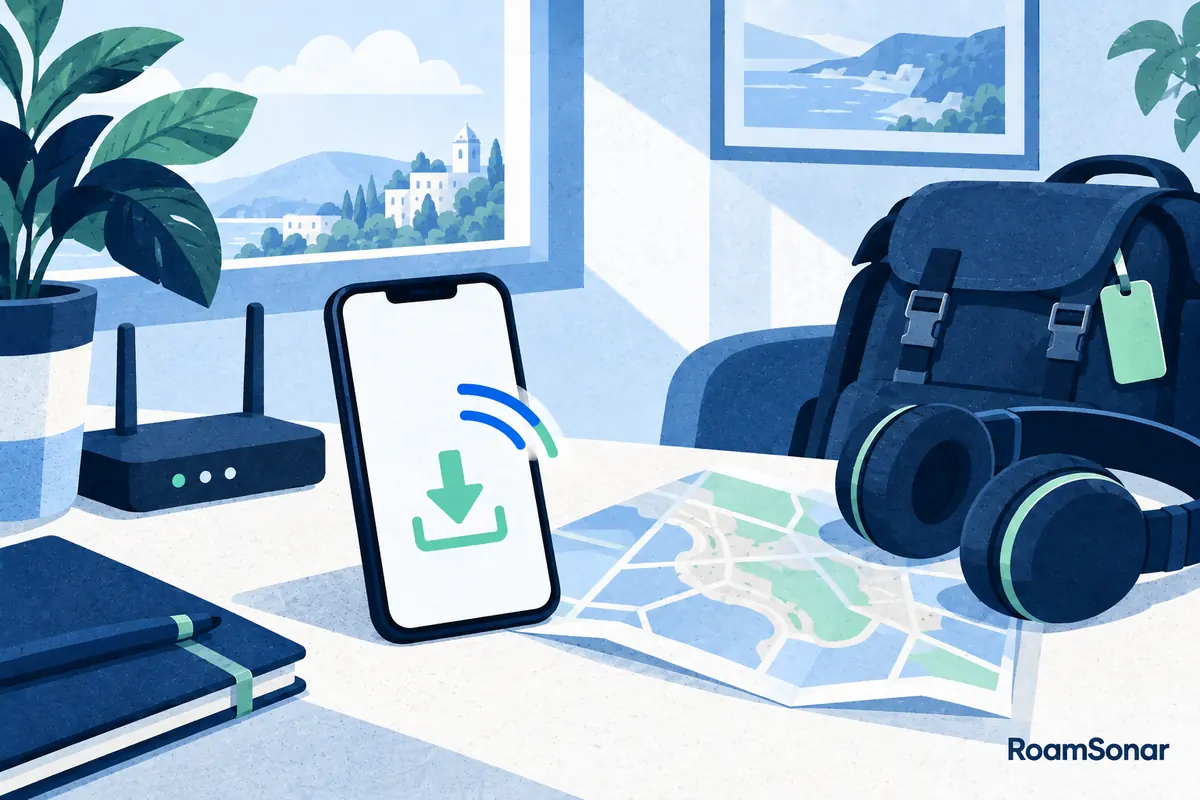 Phone showing a download symbol beside a map, headphones, backpack and home Wi-Fi router.