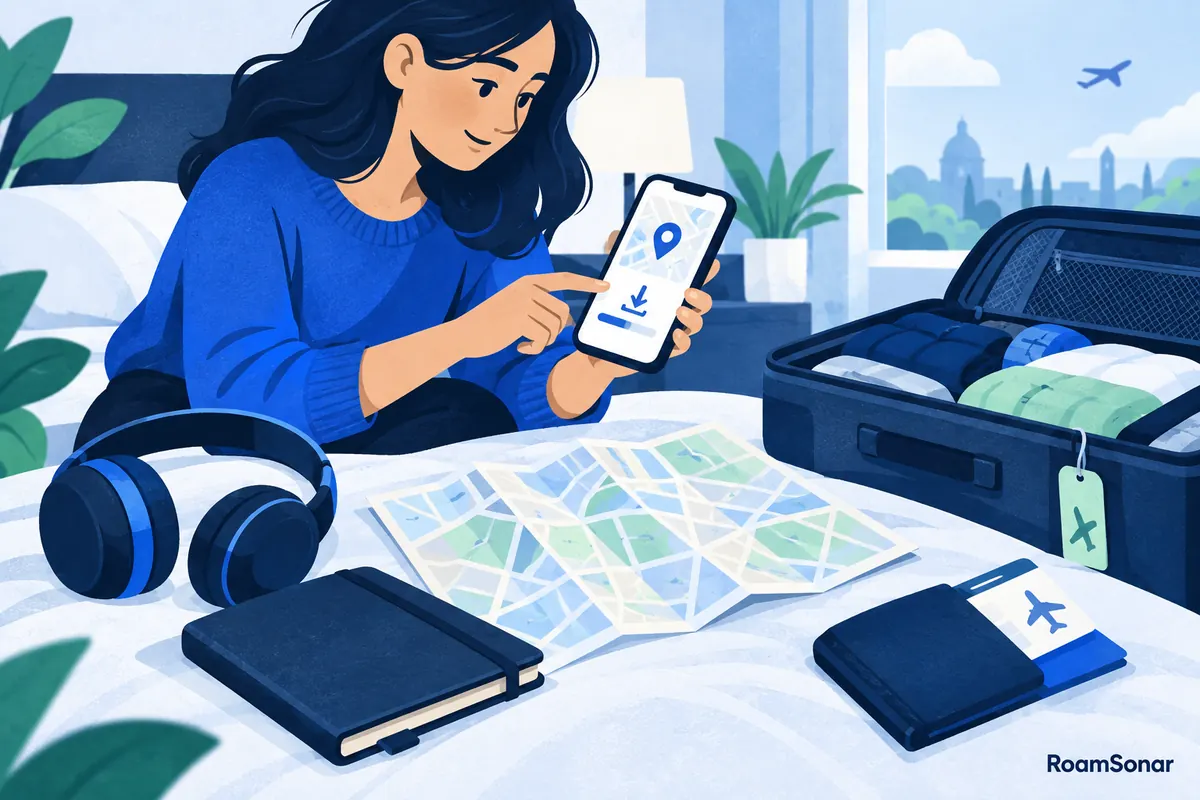 Traveller downloading a map beside headphones and packed luggage.