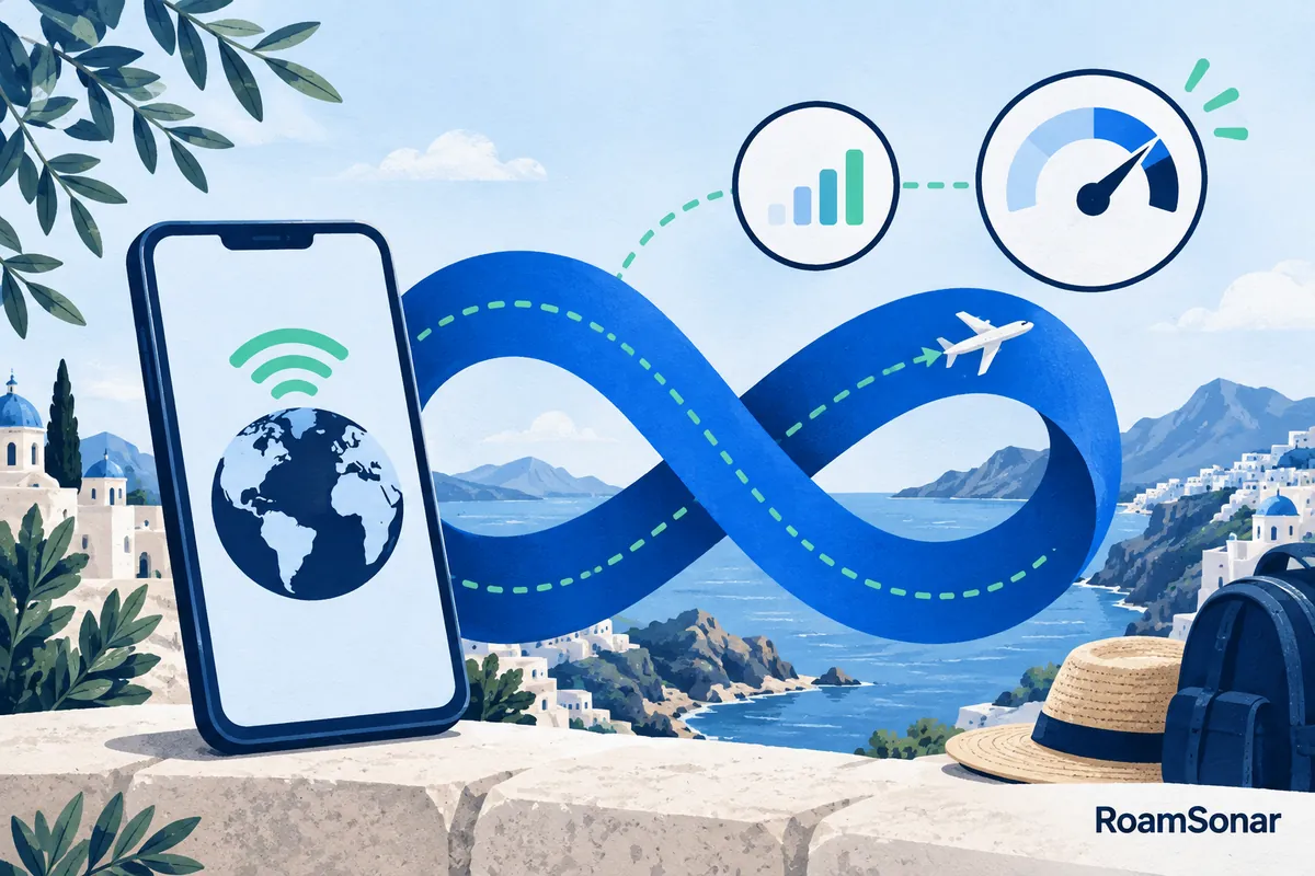 Phone, infinity ribbon and adjustable speed dial illustrating that unlimited access can have speed limits.