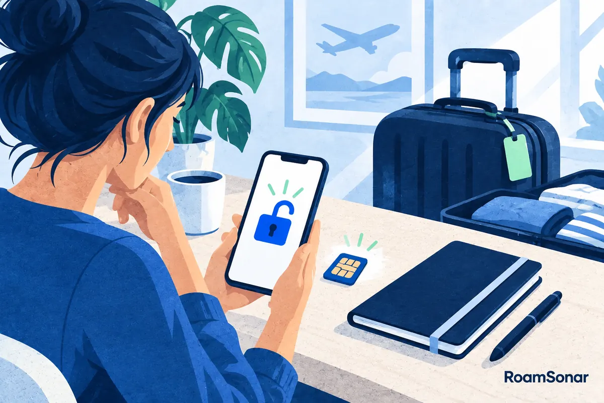 Traveller checking a phone beside an open padlock symbol and packed suitcase.