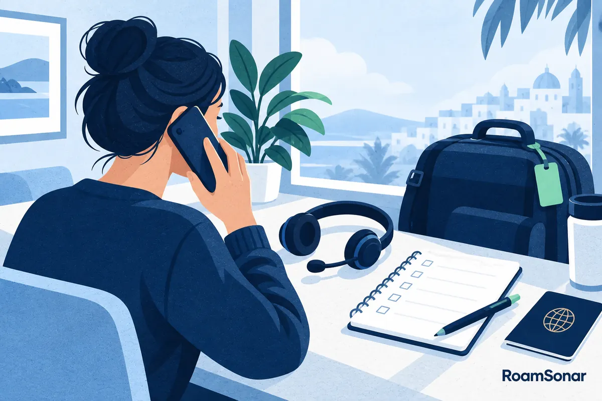 Traveller speaking to support beside a phone, checklist and travel bag.