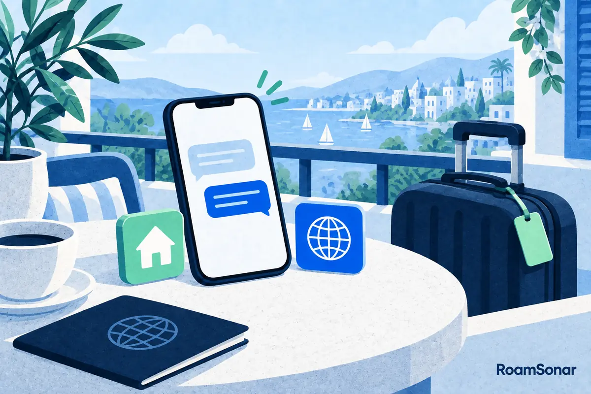 Phone with chat bubbles on a hotel balcony table, beside luggage and separate home and globe symbols.