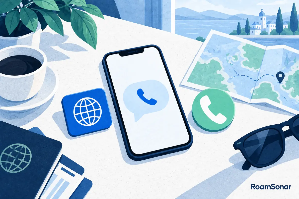 Conceptual phone with chat-call symbols beside separate telephone and mobile-data tokens on a travel desk.