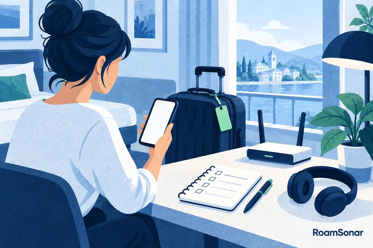Traveller checking a smartphone and a blank checklist beside luggage and a small Wi-Fi router.
