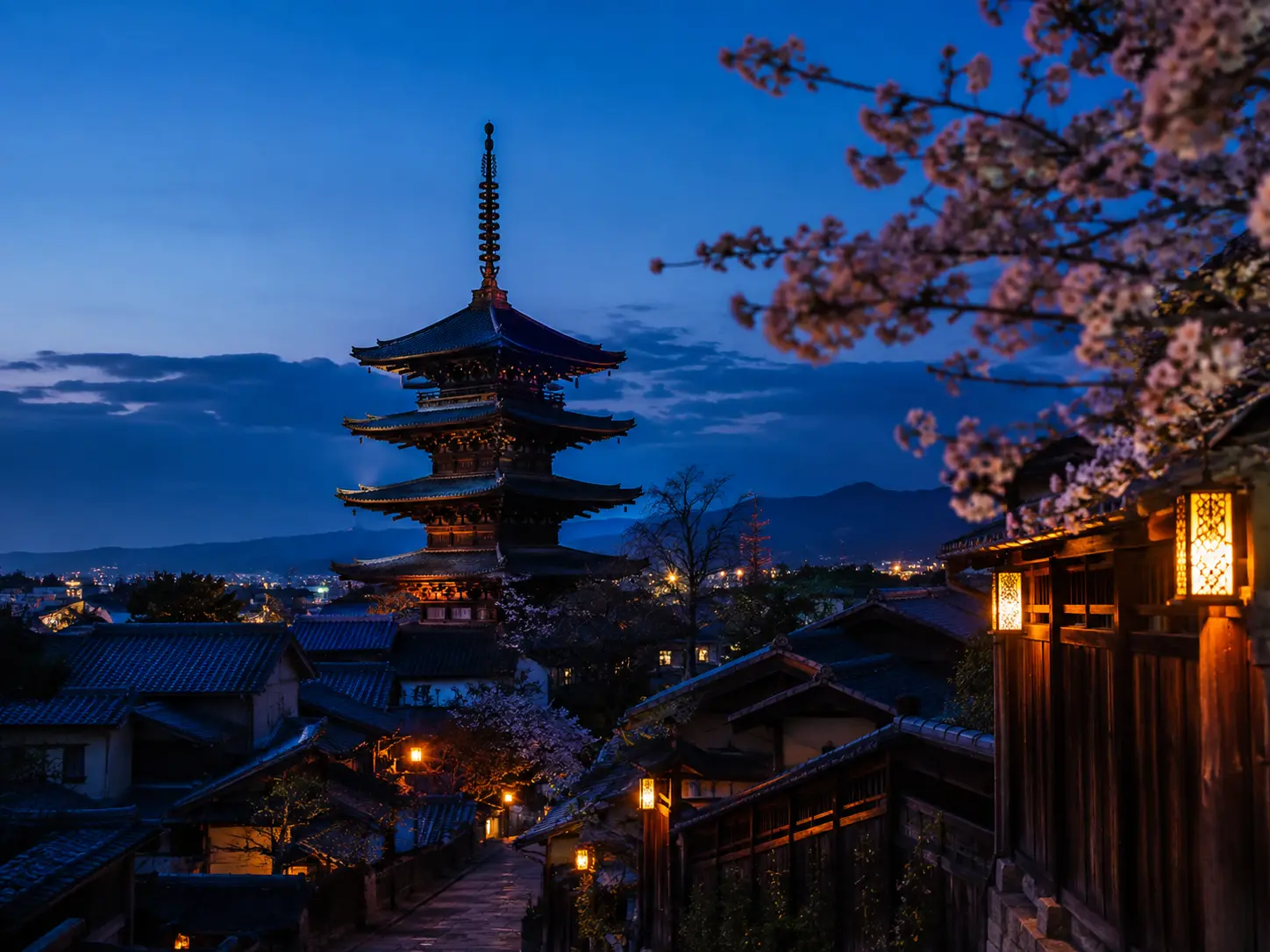 Temple and cherry blossoms in Japan